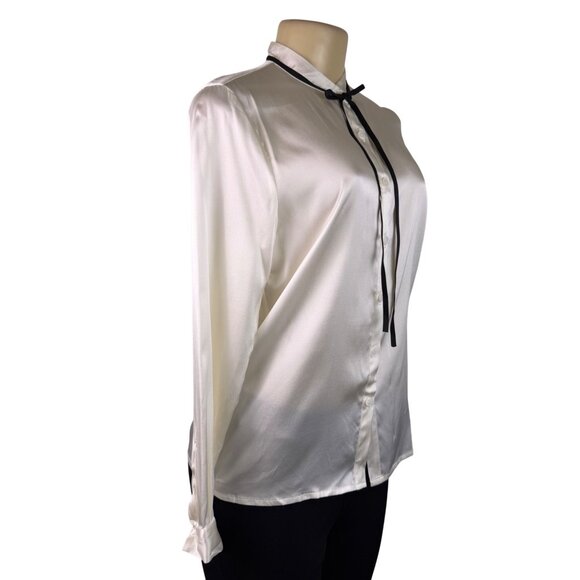 Lilysilk Womens White Long-Sleeve Button-Up Blouse Black Bow Detail Sz S - Picture 3 of 11